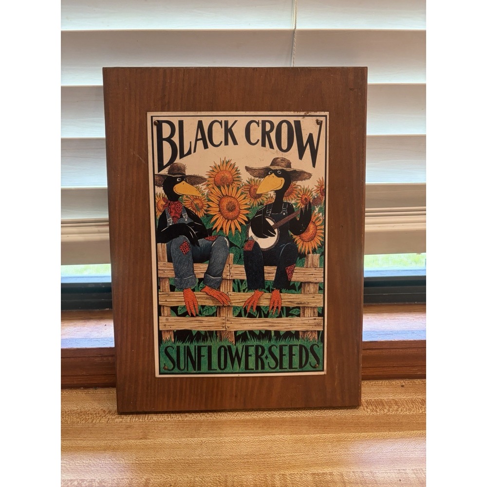 Vintage Black Crow Sunflower Seeds Tin Wood Sign Primitive Folk Art Country